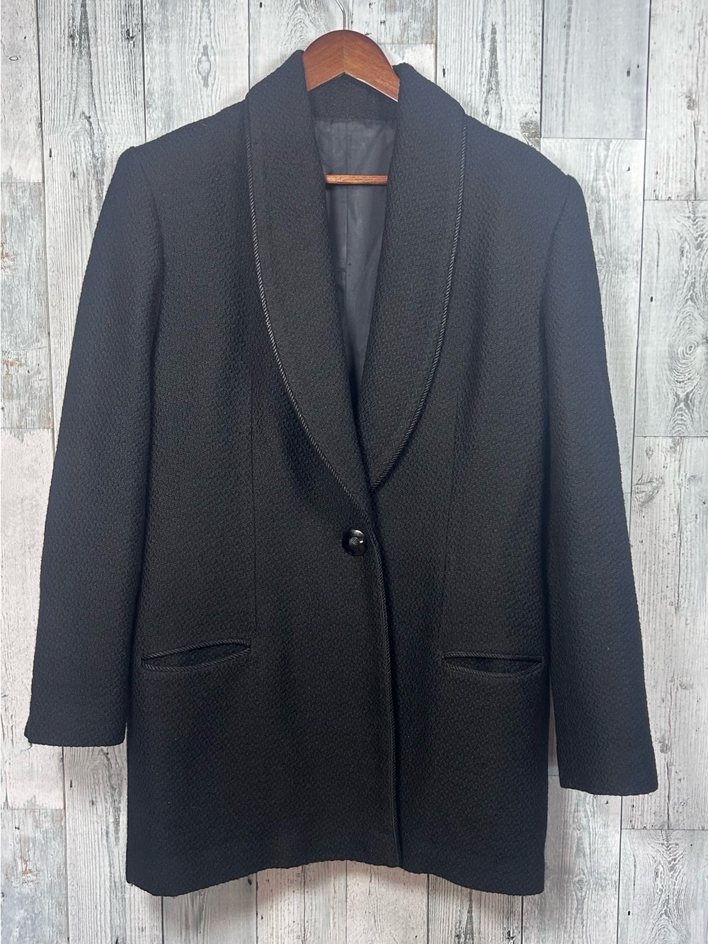 Vintage 90s Black Wool Blend Longline Blazer Shawl Collar Quiet Mod Luxury L